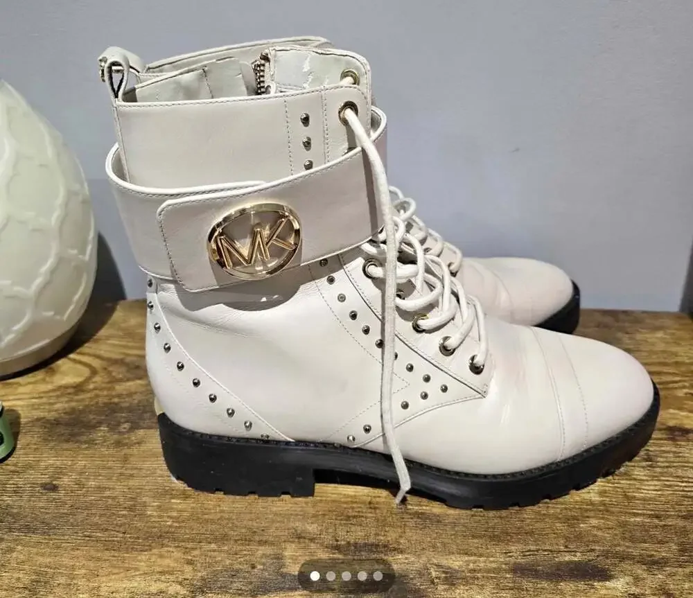 Michael Kors Tatum Leather Combat Boots Size 9M White Gold Studded Biker Boots